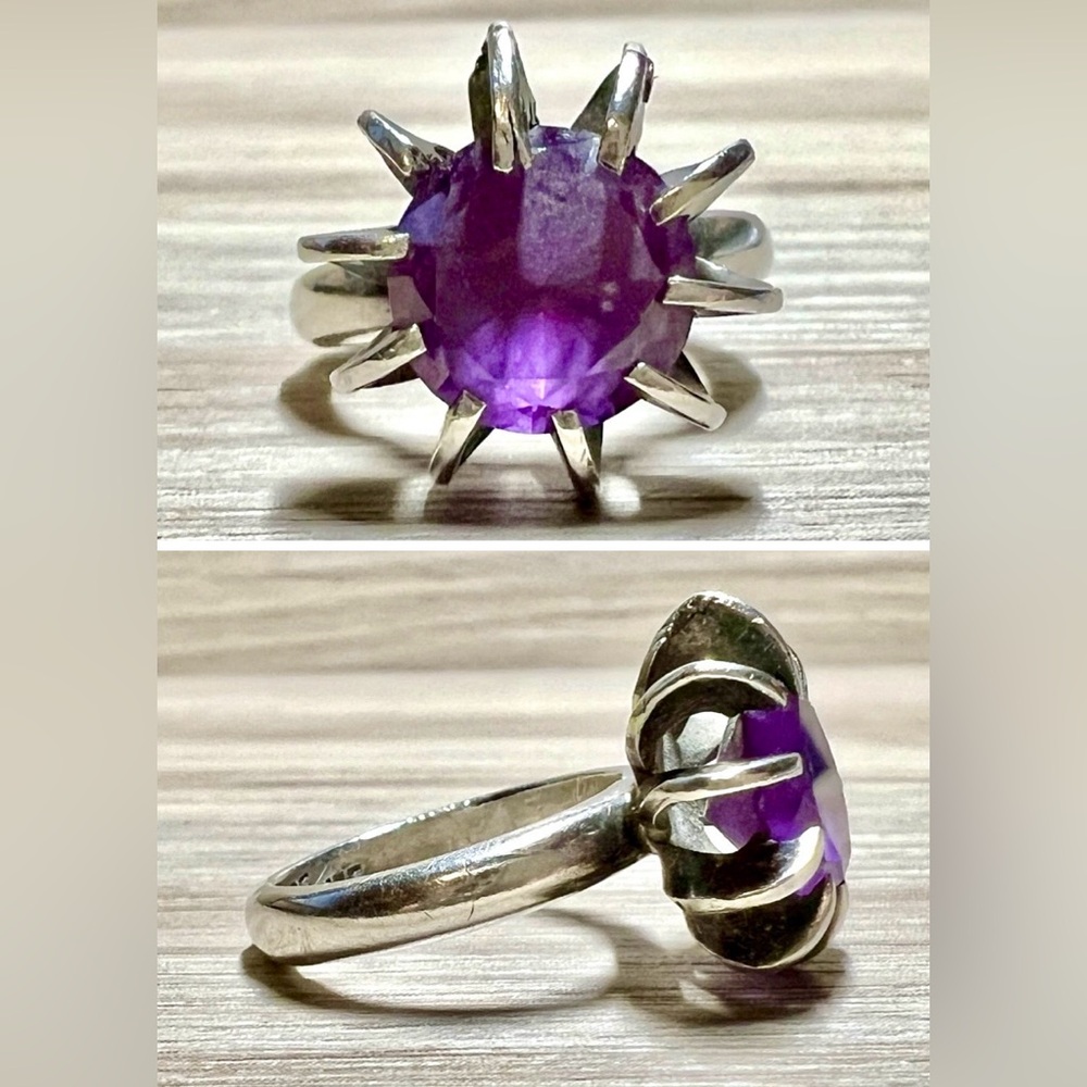 Vintage Taxco Designer Signed Sterling Silver Starburst Amethyst Ring, Size 5.5